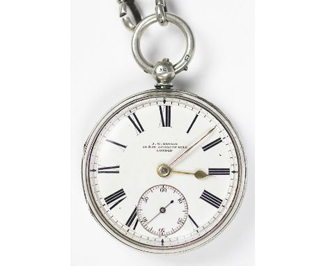A J W Benson silver cased open face pocket, London 1876, the white enamel dial with black Roman numerals and subsidiary secon