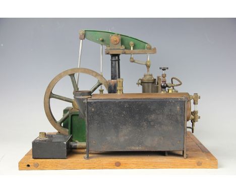A Stuart Turner live steam model horizontal beam engine, with copper boiler, on pine base, 31cm H x 42cm L