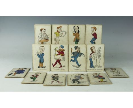 A collection of fifty six hand coloured Snap playing / gaming cards circa 1910, fourteen sets of four, each with a caption be