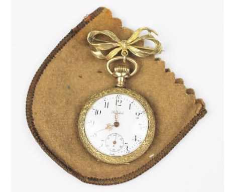 A Bondale ladies gold plated fob watch, the white enamel dial with black Arabic numerals and subsidiary seconds dial, suspend