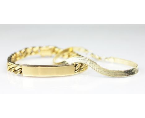 A yellow metal identity type bracelet, curb link strap with plain central panel, clasp stamped '750', weight 22.5gms and a fu
