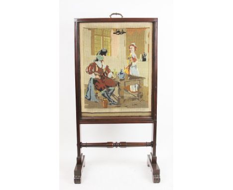 A William IV mahogany fire screen, with tapestry panel, on standard end supports, 110cm H x 56cm W