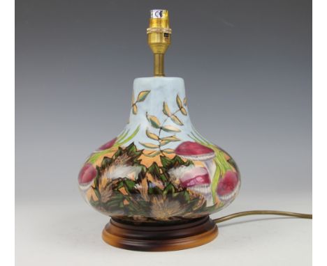 A Cobridge stoneware lamp base, decorated with foliage and mushrooms, 20cm without fitting, 28.5cm high overall