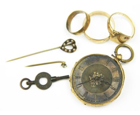 A ladys yellow metal cased open face fob watch, unmarked, (at fault) two 9ct yellow gold rings (weight 7.6gms) a further ring