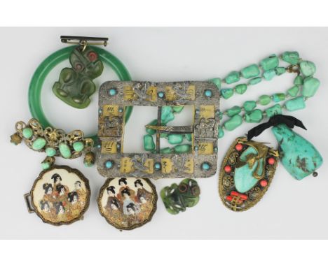 A selection of assorted Oriental jewellery and accessories, to include; a satsuma two part belt buckle, a jade coloured bangl