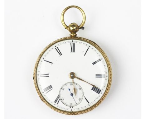 An 18ct gold open face pocket watch, 19th century, the white enamel dial with black Roman numerals and subsidiary seconds dia
