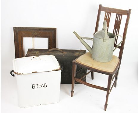 An vintage enamel bread tin and cover, a vintage travelling trunk, a galvanized watering can, an Edwardian bedroom chair and 
