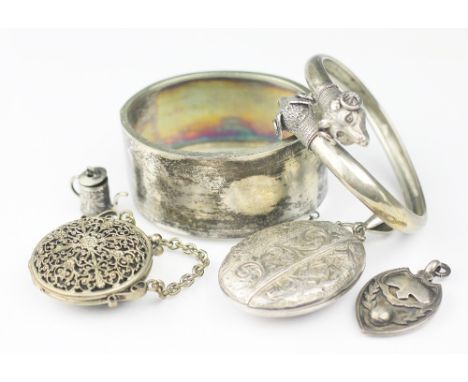 A collection of assorted silver and silver coloured jewellery, to include; a Victorian buckle bangle, a torque bangle with ra