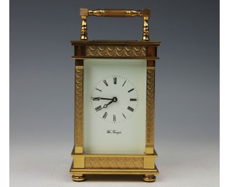 A lacquered brass carriage time piece, the white enamel dial with black Roman numerals signed 'Wm Forsdyke', the case with en