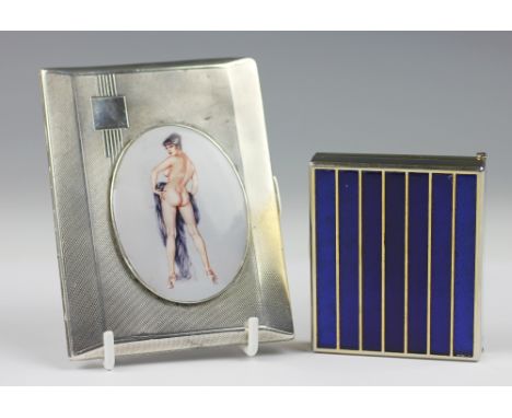 A Christian Dior enamelled powder compact, 7.5cm wide, and a silver cigarette case with later applied erotica panel, 11.3cm x