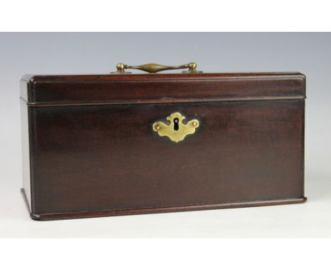 A George III mahogany box, with brass loop handle, compartmented interior and moulded caddy top, 13cm H x 26cm W x 14cm D
