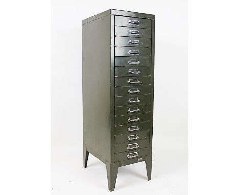 A pillar chest of eighteen vintage green metal filing drawers, 99cm H, with a smaller ten drawer table top unit (2)