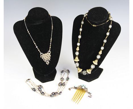 A collection of Art Deco jewellery, to include; a bead necklace, an Italian glass bead necklace, a simulated pearl fringe nec