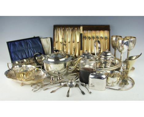 A selection of silver plated wares, to include; a leather mounted hip flask, a milk jug and sugar bowl and cover with stand, 