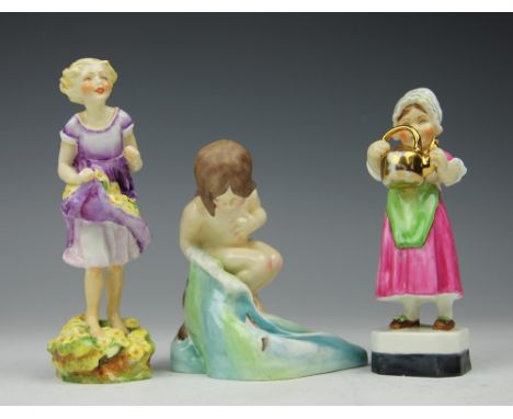 Three Royal Worcester figures; August No.3441 13cm high, The First Cuckoo No.3082, 16.5cm high, and Polly put the Kettle On, 