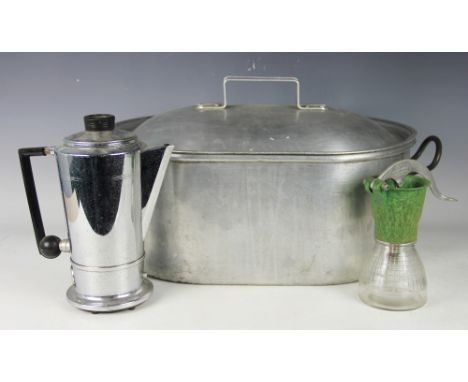 A Swan Brand Art Deco coffee pot, a vintage cream maker and an aluminium lobster pot and cover, 57cm (3)
