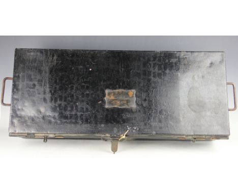 A 19th century military deed box, black painted exterior with applied plaque engraved 'D.I Gen'l R Bentham R.N' along with a 