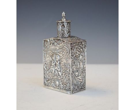 Continental embossed silver tea caddy having allover decoration depicting cherubs amongst scrolling foliage, import marks for