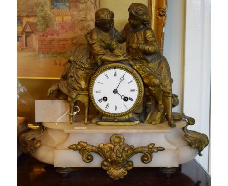 19th Century French alabaster and gilt spelter figural cased mantel clock   Condition: 