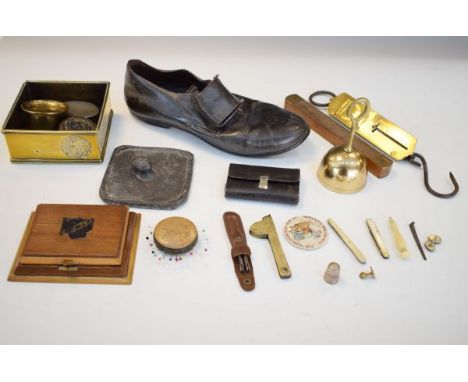 Interesting miscellanea including 19th Century leather shoe, Salter's spring balance scale etc   Condition: 