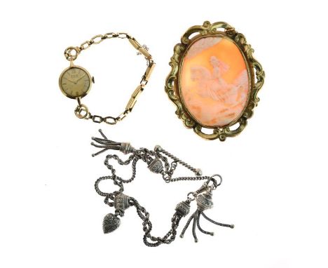 Silver gilt bangle, cameo brooch, silver watch chain and a lady's wristwatch   Condition: 