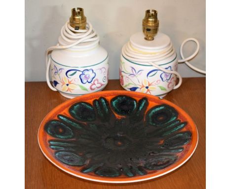 Poole Delphis range shallow dish having typical abstract decoration on an orange ground, together with a pair of Poole table 