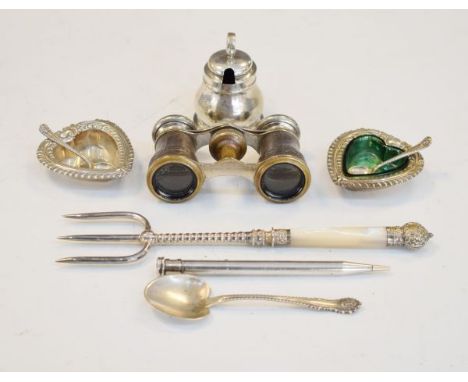 Pair of Victorian silver heart shaped salts, Birmingham 1899, silver plated fork having a mother-of-pearl handle, silver pres