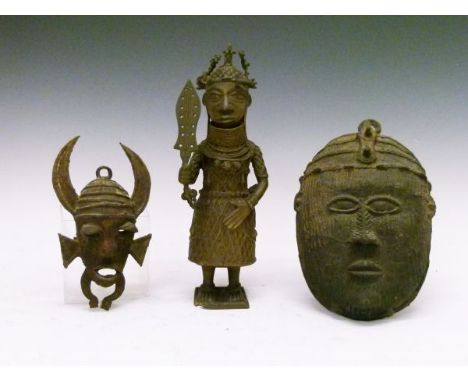 Benin bronze figure of a warrior, a similar mask and one other African mask   Condition: 