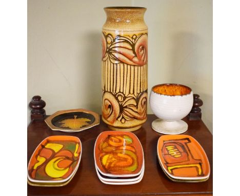 Five Poole Delphis range rectangular dishes, two similar Aegean range dishes, a tall Aegean range vase and two other pieces  