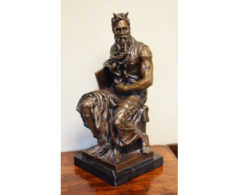 Bronze figure - Horned Moses, after Michelangelo, standing on a black marble finish base   Condition: 
