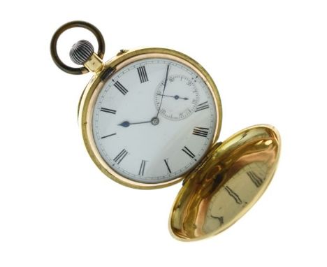 Gentleman's yellow metal cased top wind full hunter pocket watch stamped 18c, the white enamel dial with Roman numerals and s