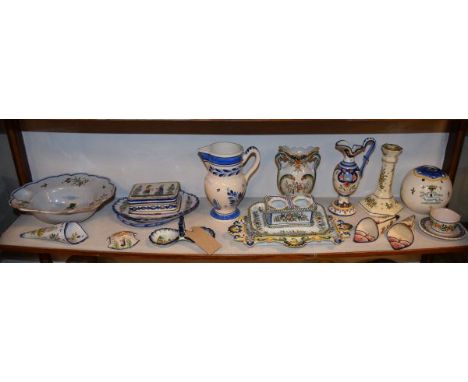 Collection of Quimper French faience items including jugs, vase, inkstand, candlestick etc   Condition: 