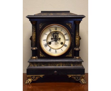 Late 19th Century ebonised cased mantel clock, the off-white dial having Roman numerals and visible escapement   Condition: 