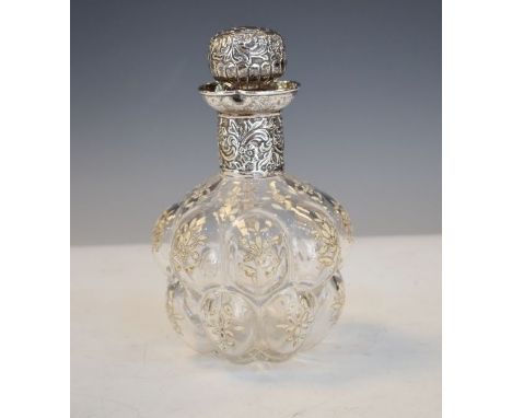 Victorian glass scent bottle having enamel foliate decoration, the enamel collar and stopper hallmarked for London 1892   Con
