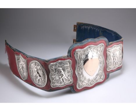 HEXHAM CLARK'S CUMBERLAND WRESTLING BELT
A LATE VICTORIAN 9 CARAT GOLD AND SILVER CHAMPION'S BELT,&nbsp;the silver by William