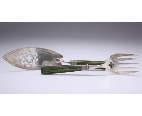 A GEORGE III SILVER AND GREEN-STAINED IVORY HANDLED FISH SLICE,&nbsp;by&nbsp;Peter, Ann &amp; William Bateman, London 1802, w