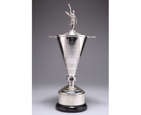 AN ART DECO SILVER TROPHY AND COVER ON STAND,&nbsp;by&nbsp;Walker &amp; Hall, Sheffield 1935, the stepped circular cover surm