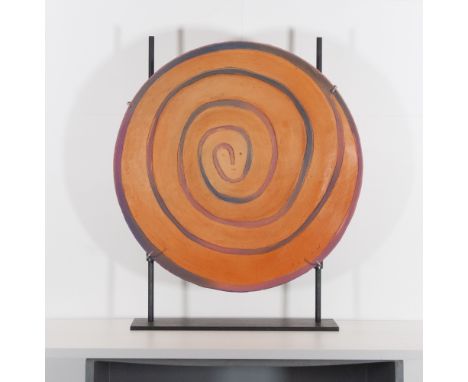 Jean Michel Folon (1935 - 2005) Ceramic plate on metal stand, signed Jean-michel Folon, no: 5C, No. E / A 4/4, diameter: 52 c
