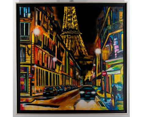 Celine Lust (1978 Tournai) Painting acrylic on canvas get. Celine Lust, ** Paris by Night **. with certificate - size height 