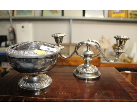 A silver plated rose dish and a candelabra 