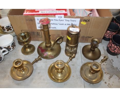 Seven brass candlesticks and a lamp and Limelight Company Hockley miner's lamp