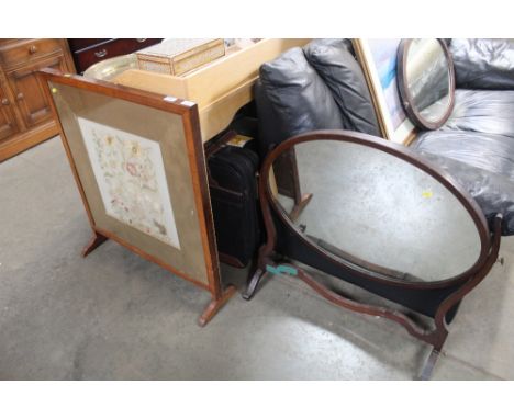 An embroidered fire screen together with a 19th Century swing frame mirror AF