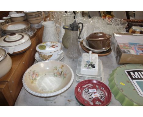 A claret jug, a Royal Worcester Wild Harvest pattern tureen and cover, a cheese dish etc