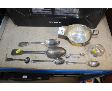 Two silver spoons, silver napkin ring and a silver sauce boat