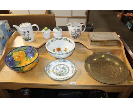 A Portmeirion bowl and teapot, preserve jars and covers, an Eastern brass dish, an Eastern inlaid trinket box etc