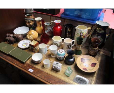 A quantity of various china to include glass vases; jugs; storage jars; Royal Worcester pin dishes with original boxes and an