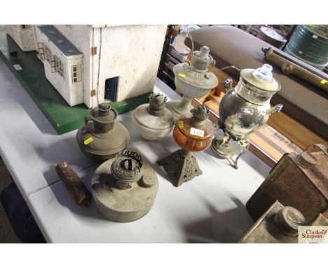 A plated samovar, various oil lamp parts etc 