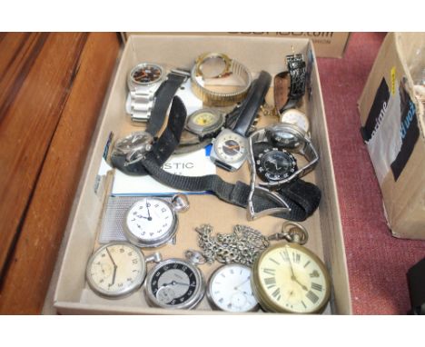 A box of various wrist watches and pocket watches to include a silver example, a Goliath pocket watch