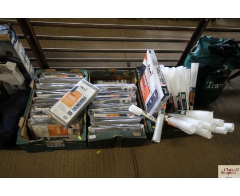 Three tray boxes containing a quantity of Flexi storage nine shelf wardrobe hanging organisers and a quantity of shelf liners