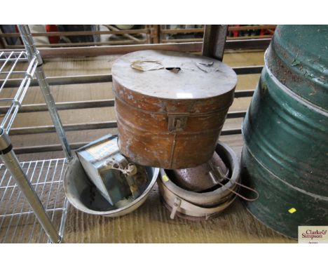 A vintage metal hat box AF, an enamel bowl, Esso blue paraffin can etc.